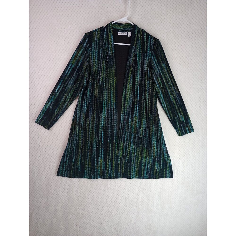 Susan Graver Women's Medium Petite Liquid Knit Green Chevron Duster Cardigan